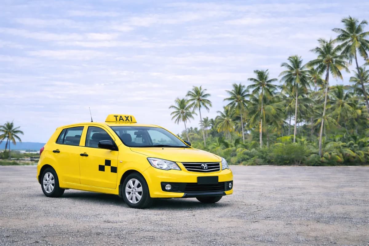 A FijiGo taxi waiting under the palms in Fiji
