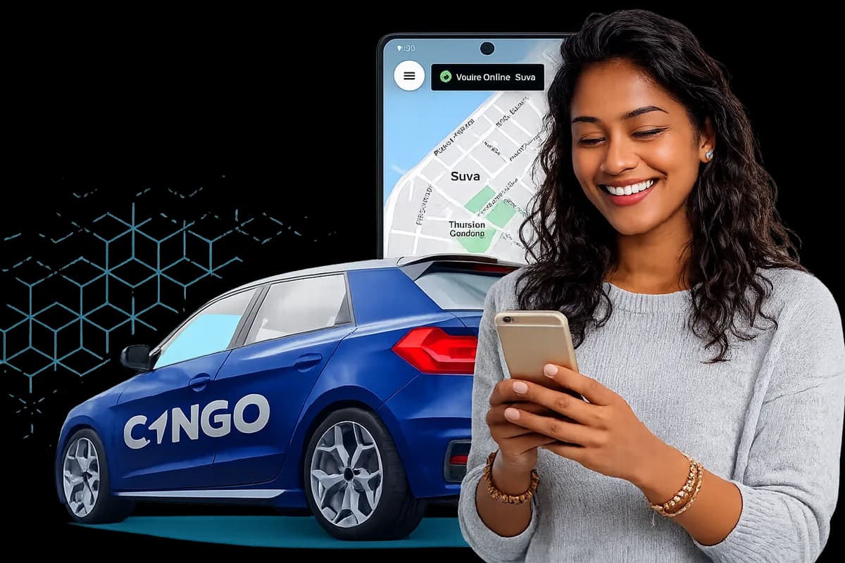 A FijiGo passenger booking a ride next to a FijiGo car